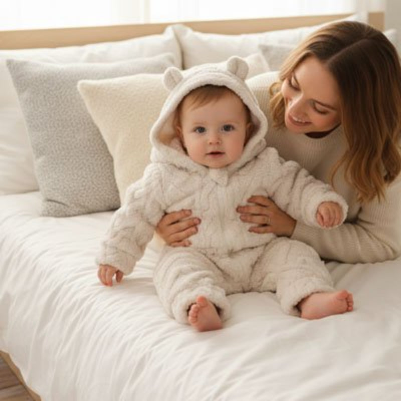 Bébé assis dans combinaison hiver pour bebe polaire