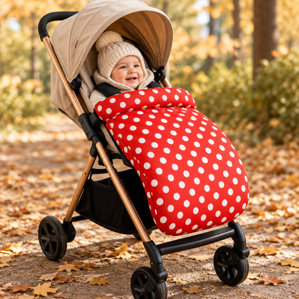 Couvre-jambe-poussette-ultra-confort-rouge-à-pois-blanc