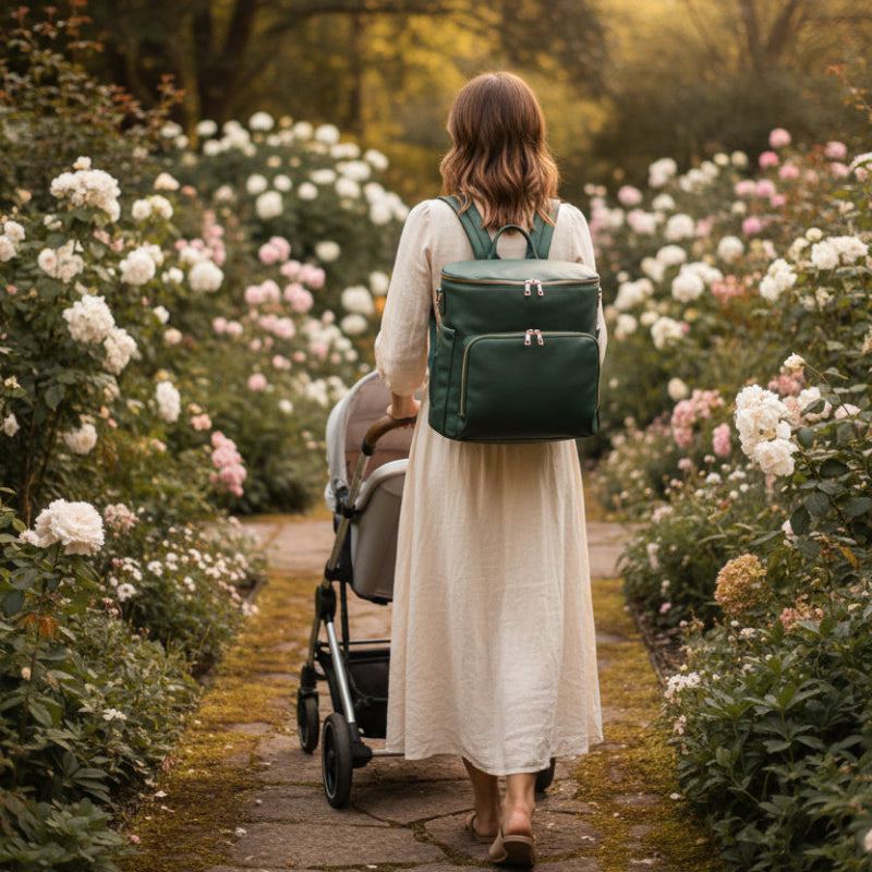 Mère dans jardin fleuri avec sac a dos maman céleste