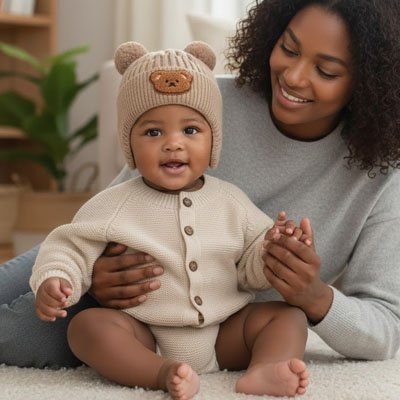 Mère et bambin avec bonnet bebe ourson confort kaki