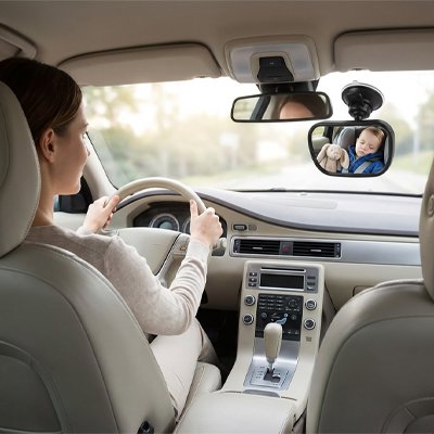 Mère surveille dans miroir voiture pour bebe conduite sécurisée
