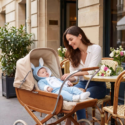 Mère et poupon dans poussette avec combinaison bébé polaire lapereau bleu