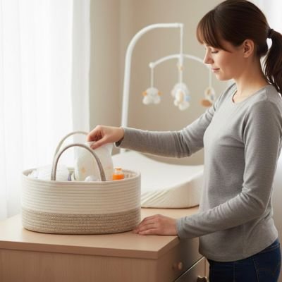 Mère range accessoires dans panier de rangement pour bebe sérénité
