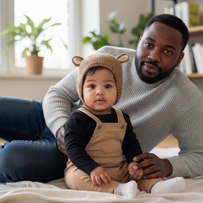 Père avec enfant et bonnet bebe animal coquin
