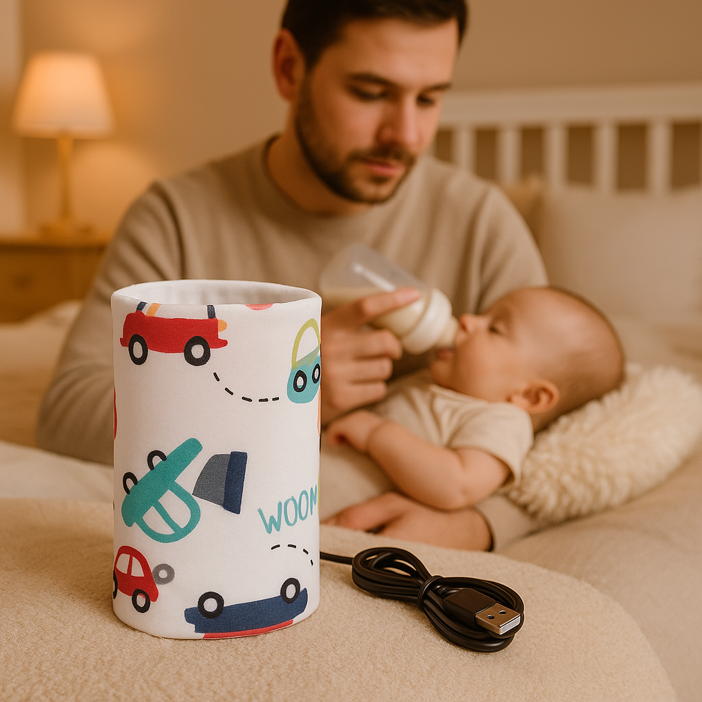 Père donne boire avec chauffe biberon USB mignon