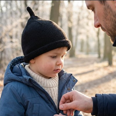Père habille garçon avec bonnet bebe hiver tricot noir