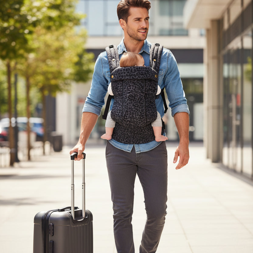 Père marche avec valise et porte bebe ergonomique chouchou