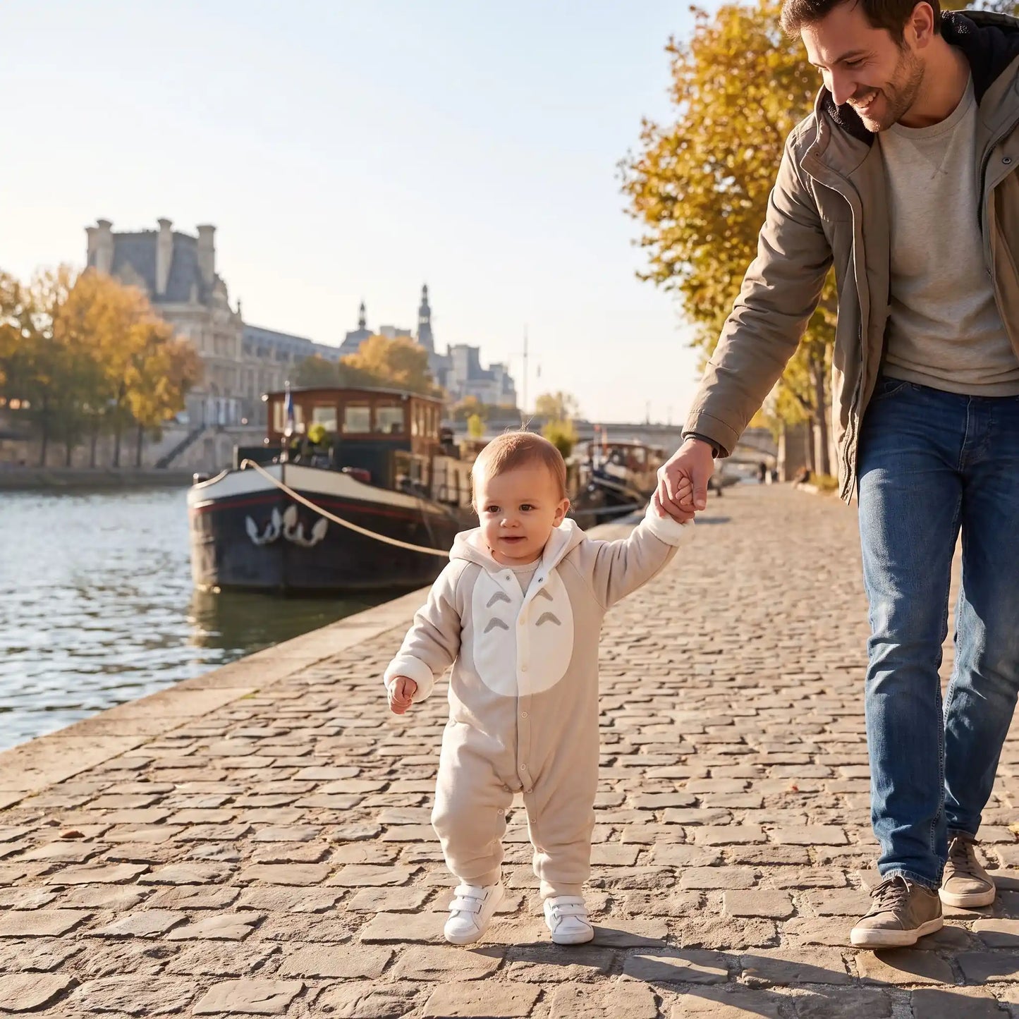 Père marche avec enfant dans combinaison bébé polaire lapereau gris