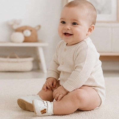 Poupon heureux avec chaussures bebe premier pas ourson lovely