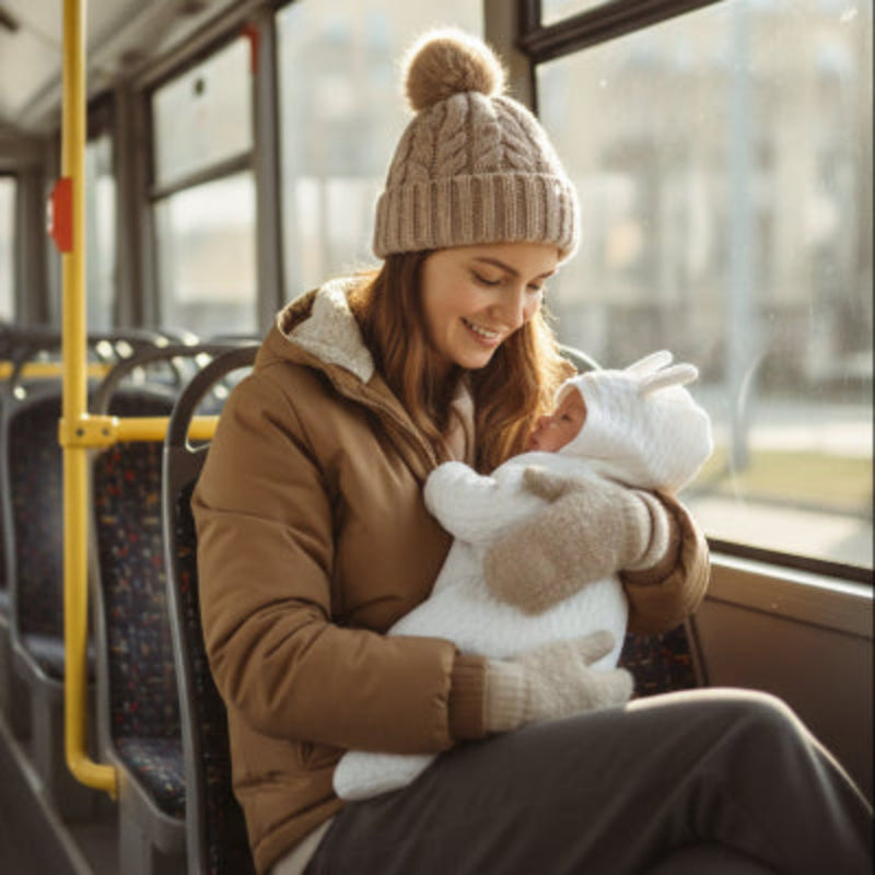 Poupon dans autobus avec combinaison bebe lapin douillet blanc
