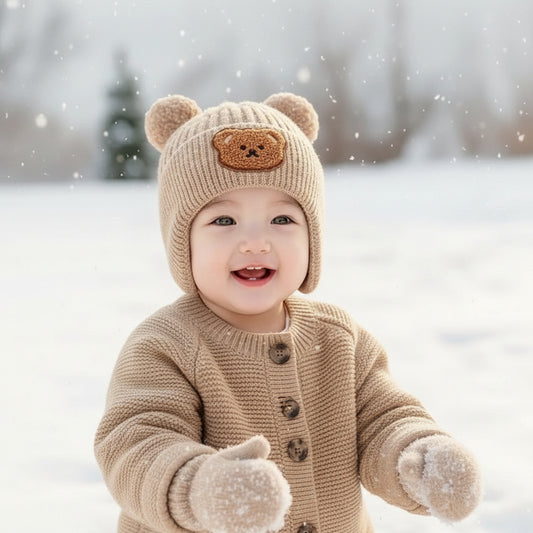 Bambin joue dans neige avec  bonnet bebe ourson confort
