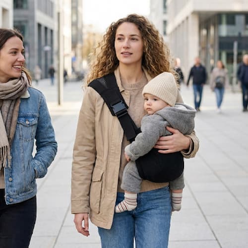 Bébé calme dans écharpe porte bébé balade sereine