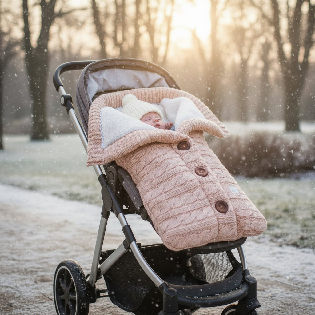 bébé dans lange d'emmaillotage thermique plus beige