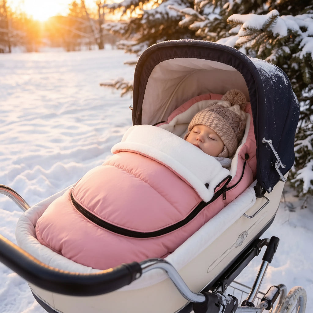 Bébé dort dans poussette avec chancelière cozy double protection thermique 