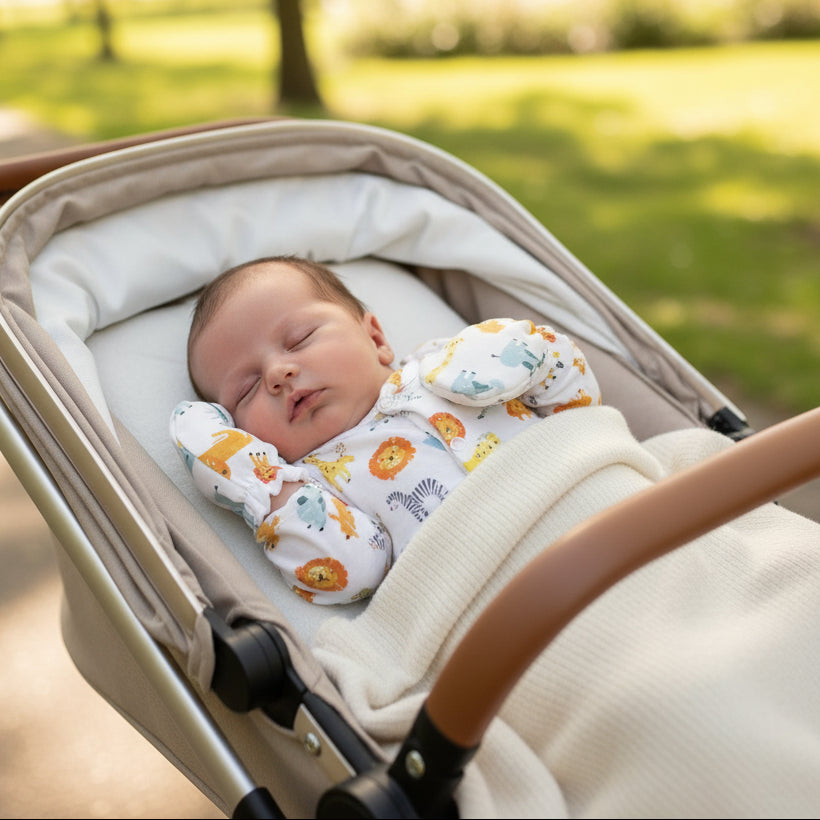 Bébé dort dans poussette avec moufles bébé douce caresse animaux
