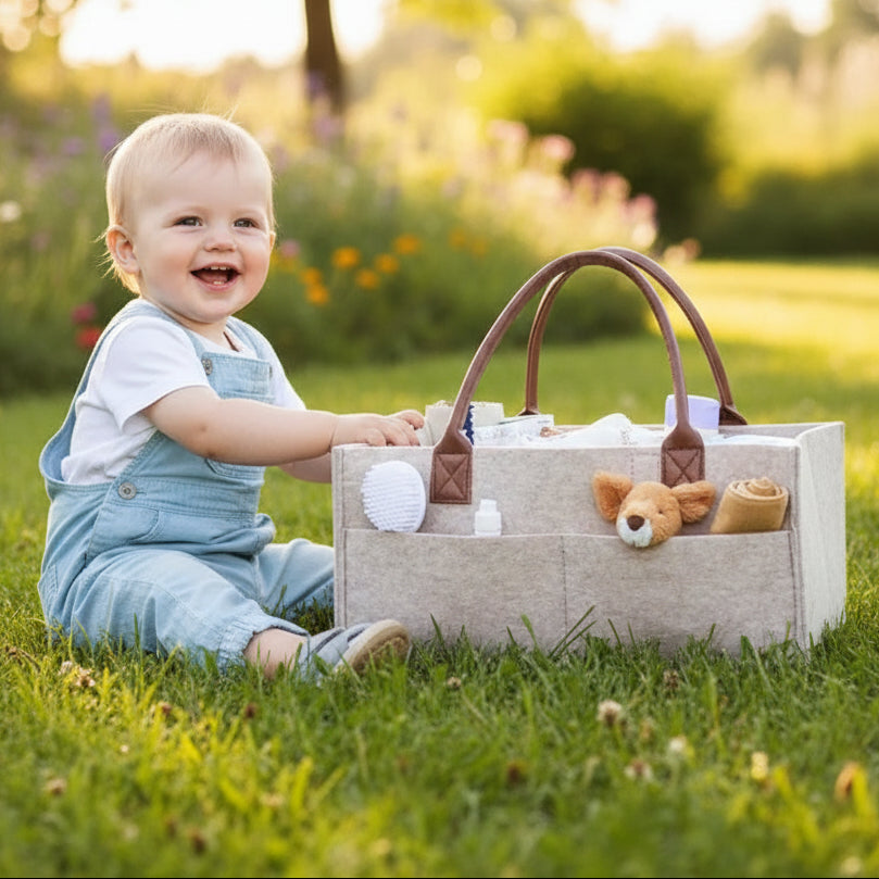 Enfant joue à côté de panier de rangement bébé feutrine 
