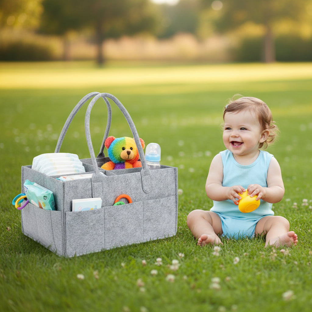 Bébé joue à côté de panier rangement bebe ultra-pratique 
