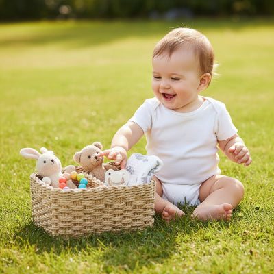 Bébé joue avec panier de rangement  pour bébé osier tressé 