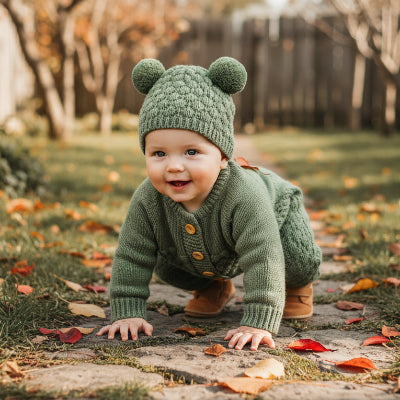 Bébé à 4 pattes avec combinaison chaude bebe cocon cozy vert