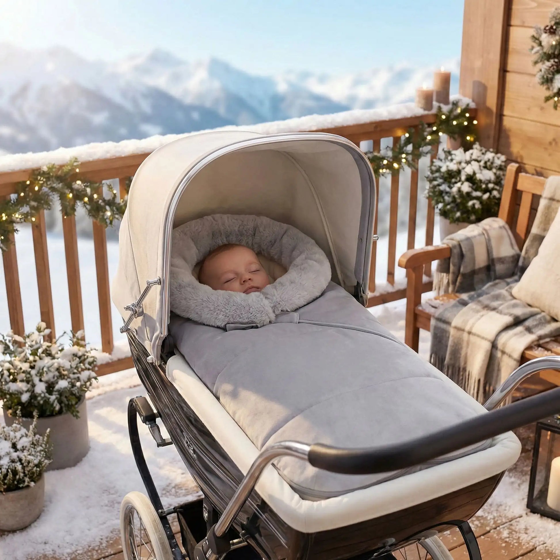 Bébé couché sur balcon dans chancelière poussette canne cocon hivernal