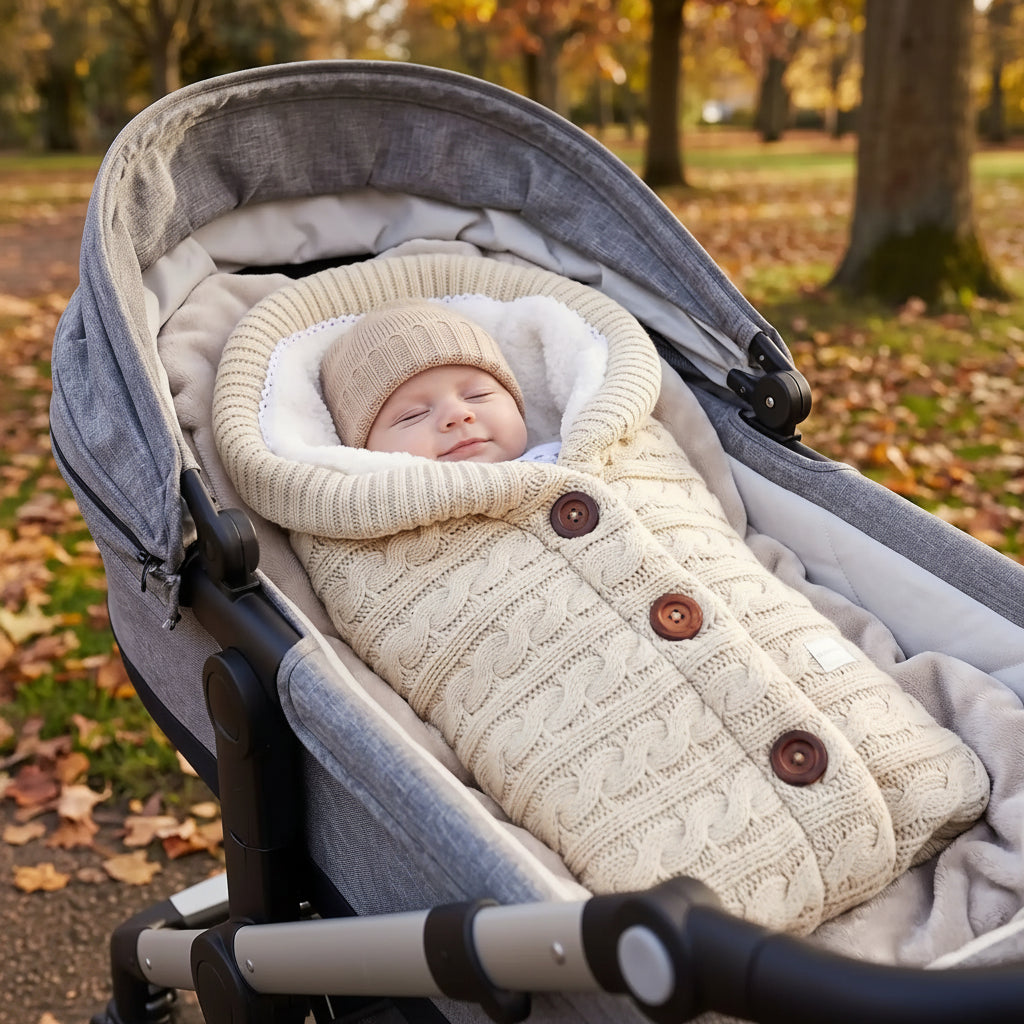 bébé dans lange d'emmaillotage thermique plus vanille dans poussette 