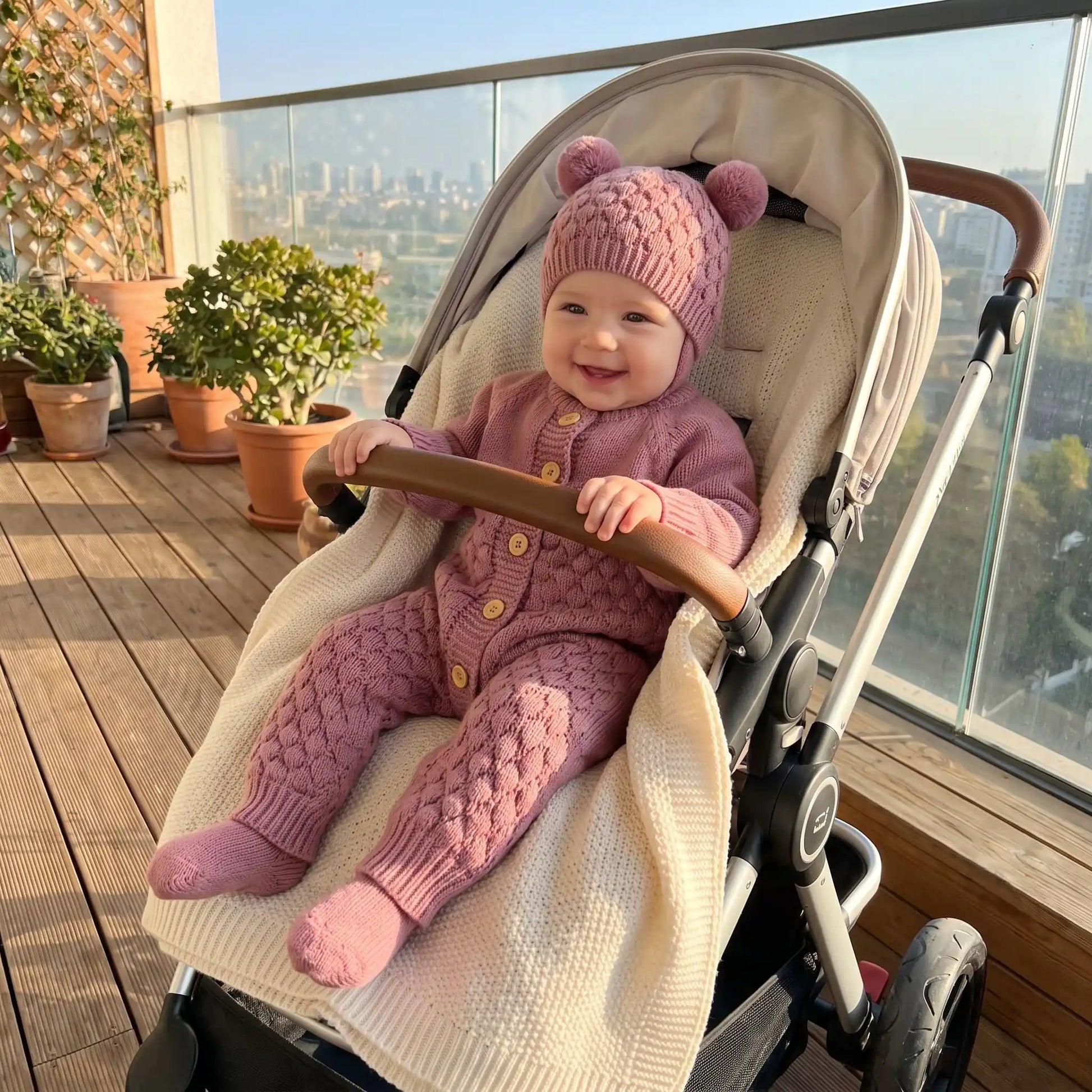 Bébé dans poussette avec combinaison chaude bebe cocon cozy rose