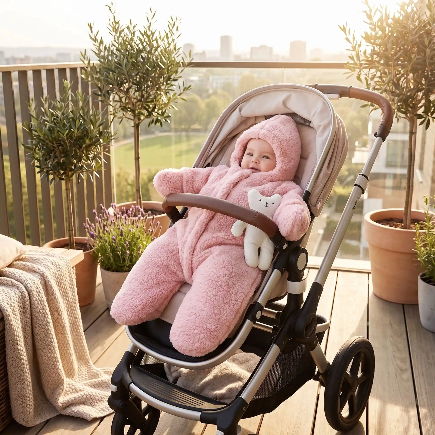 Bébé sur balcon dans combinaison polaire pour bebe confort nature rose