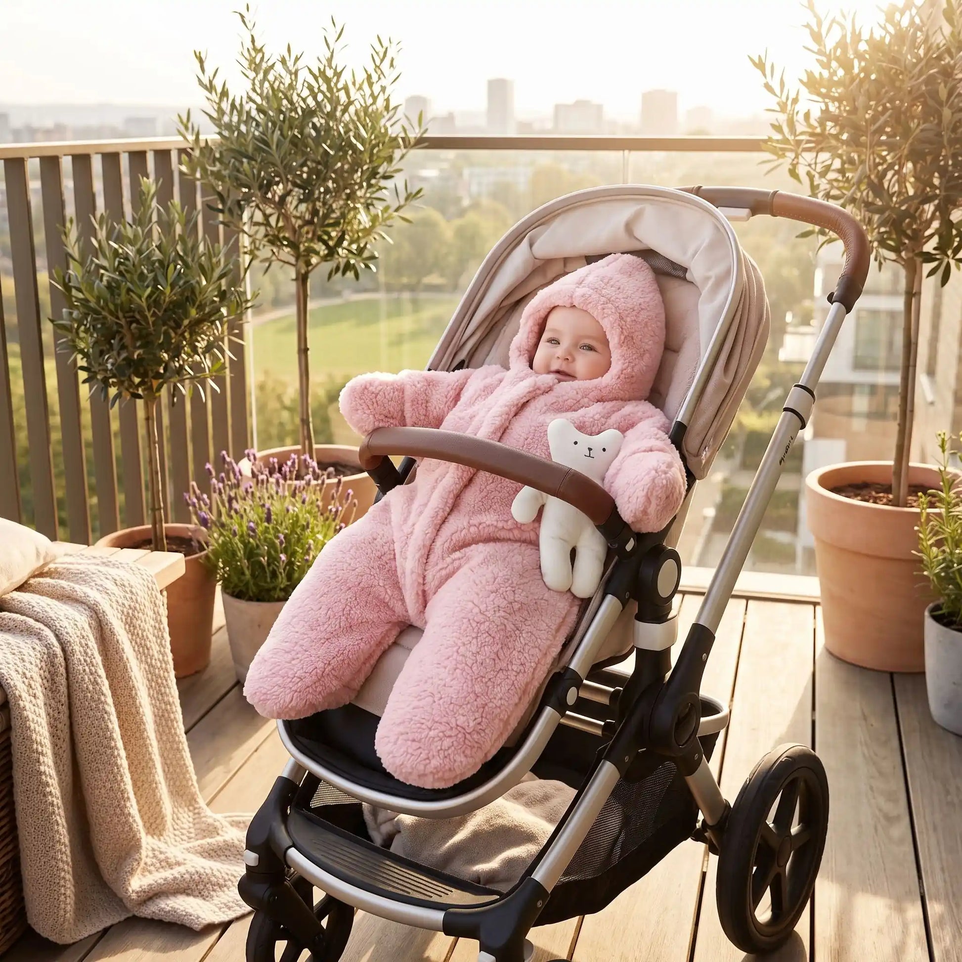 Bébé sur balcon dans combinaison polaire pour bebe confort nature rose