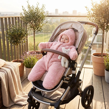 Bébé sur balcon dans combinaison polaire pour bebe confort nature rose