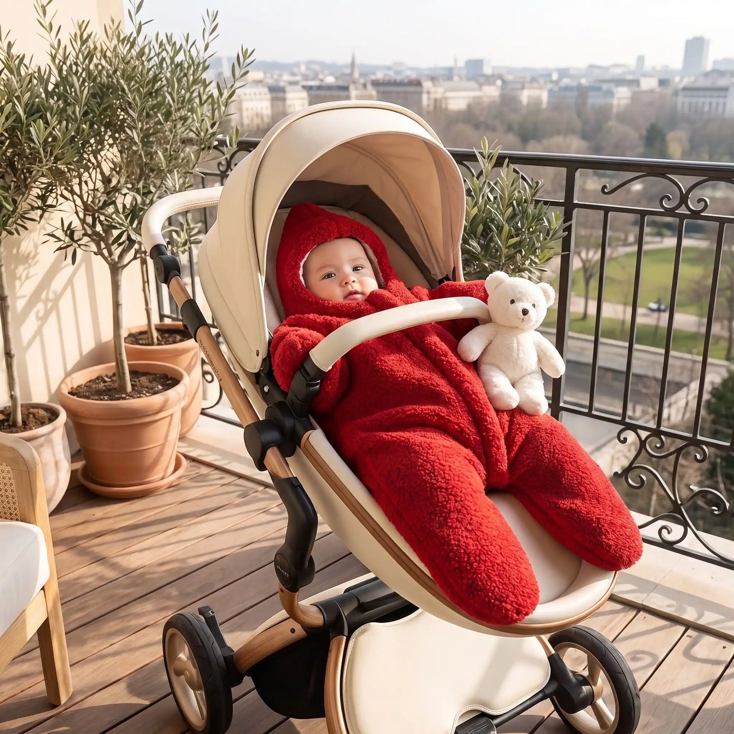 Bébé sur balcon dans combinaison polaire pour bebe confort nature rouge