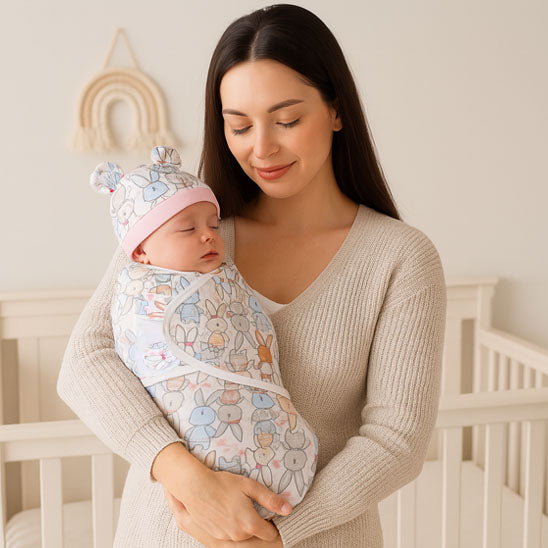 Couverture-emmaillotage-bébé-bonnet-douceur-lapin-rose