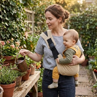 Écharpe porte bébé sécurité beige dans jardin