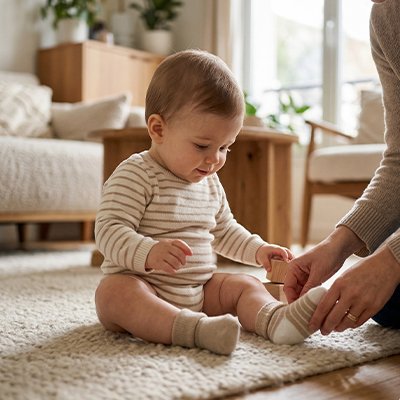 Enfant assis avec chaussette pour bebe délicatesse