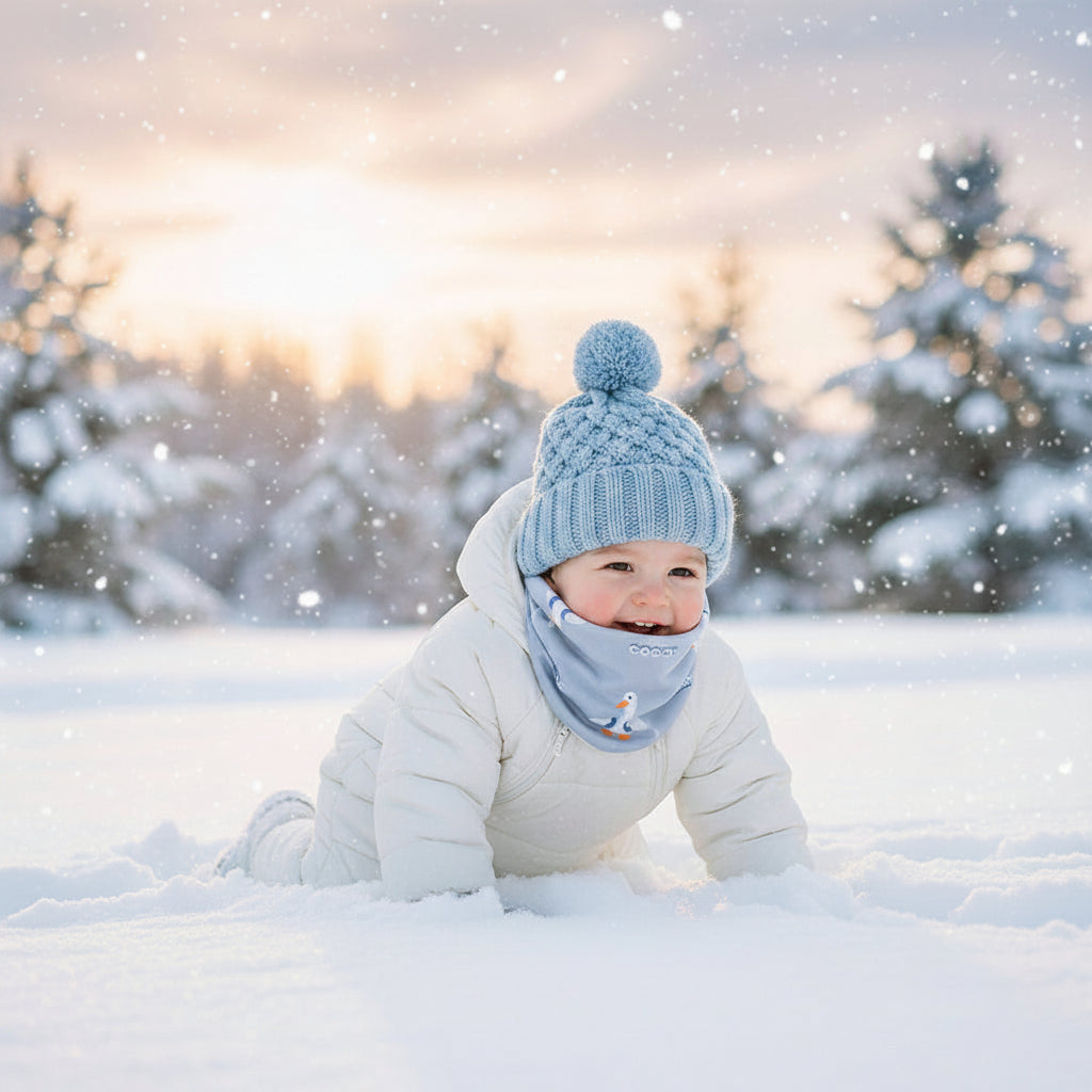 Enfant dans la neige avec tour de cou enfant adorable bleu