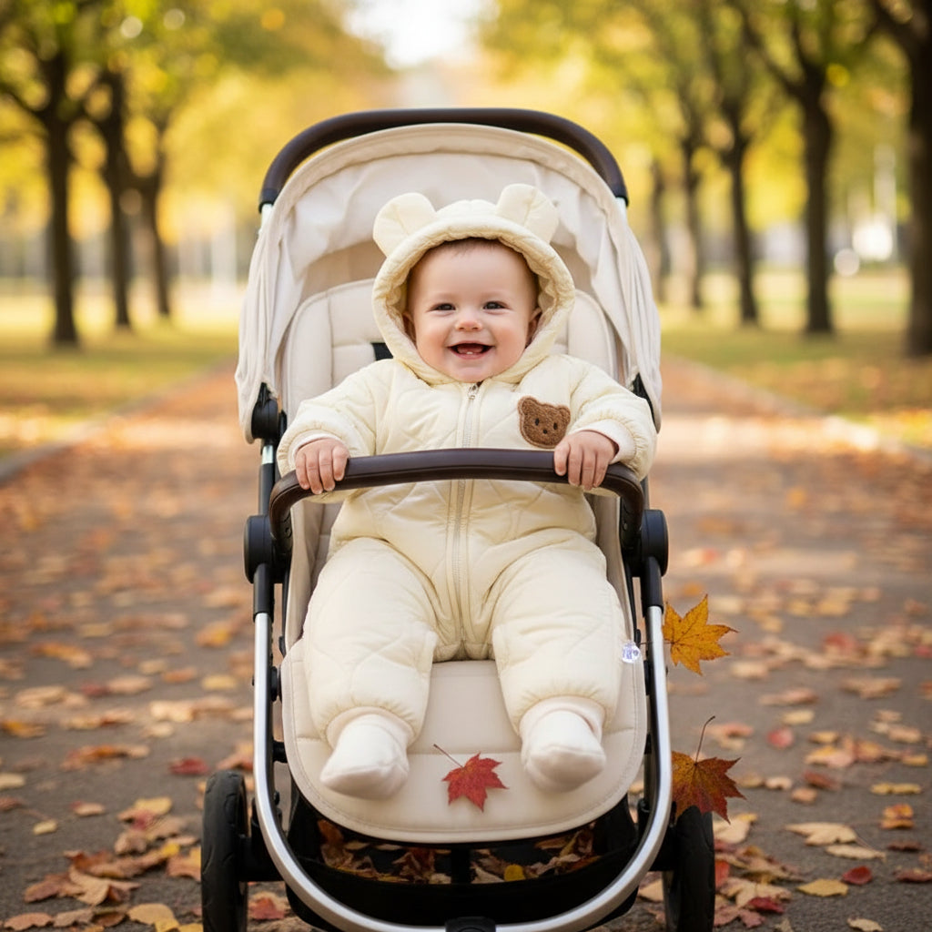 Enfant dans poussette avec combinaison bebe ourson douillet