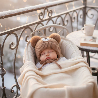 Enfant dort dans poussette avec bonnet pour bébé nounours joyeux
