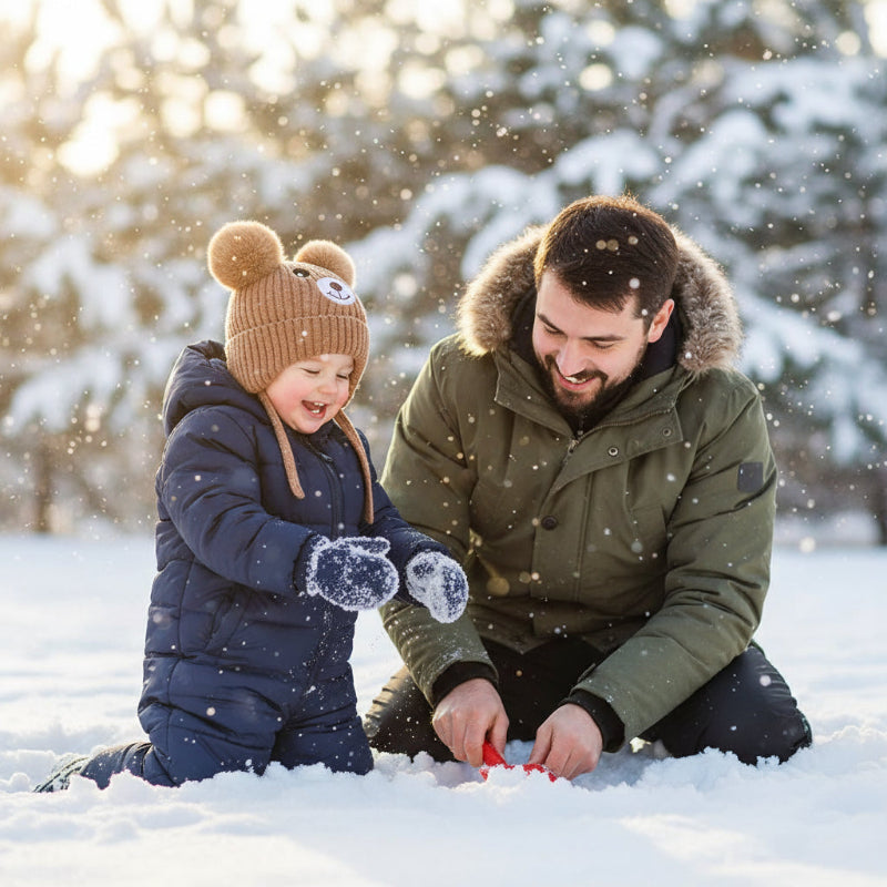 Enfant et papa jouent dans neige avec bonnet pour bébé nounours joyeux