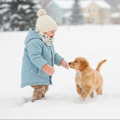 Enfant joue avec chiot avec  tour de cou enfant coloris joyeux