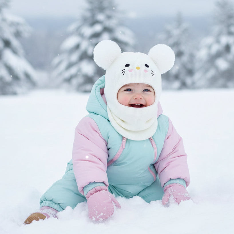 Enfant joue dans neige avec cagoule pour bebe souris brodée