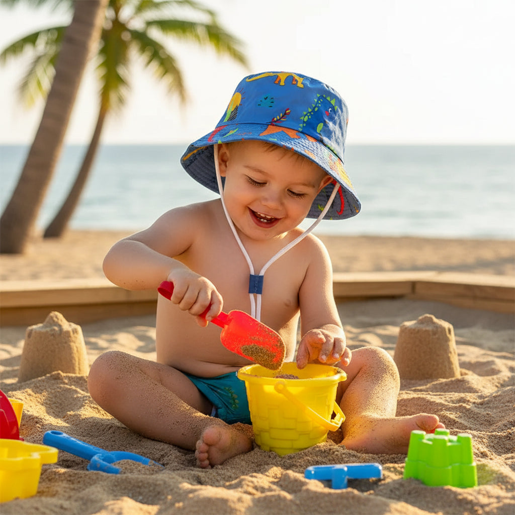 Enfant joue dans sable avec bob bebe confort anti uv dinosaure