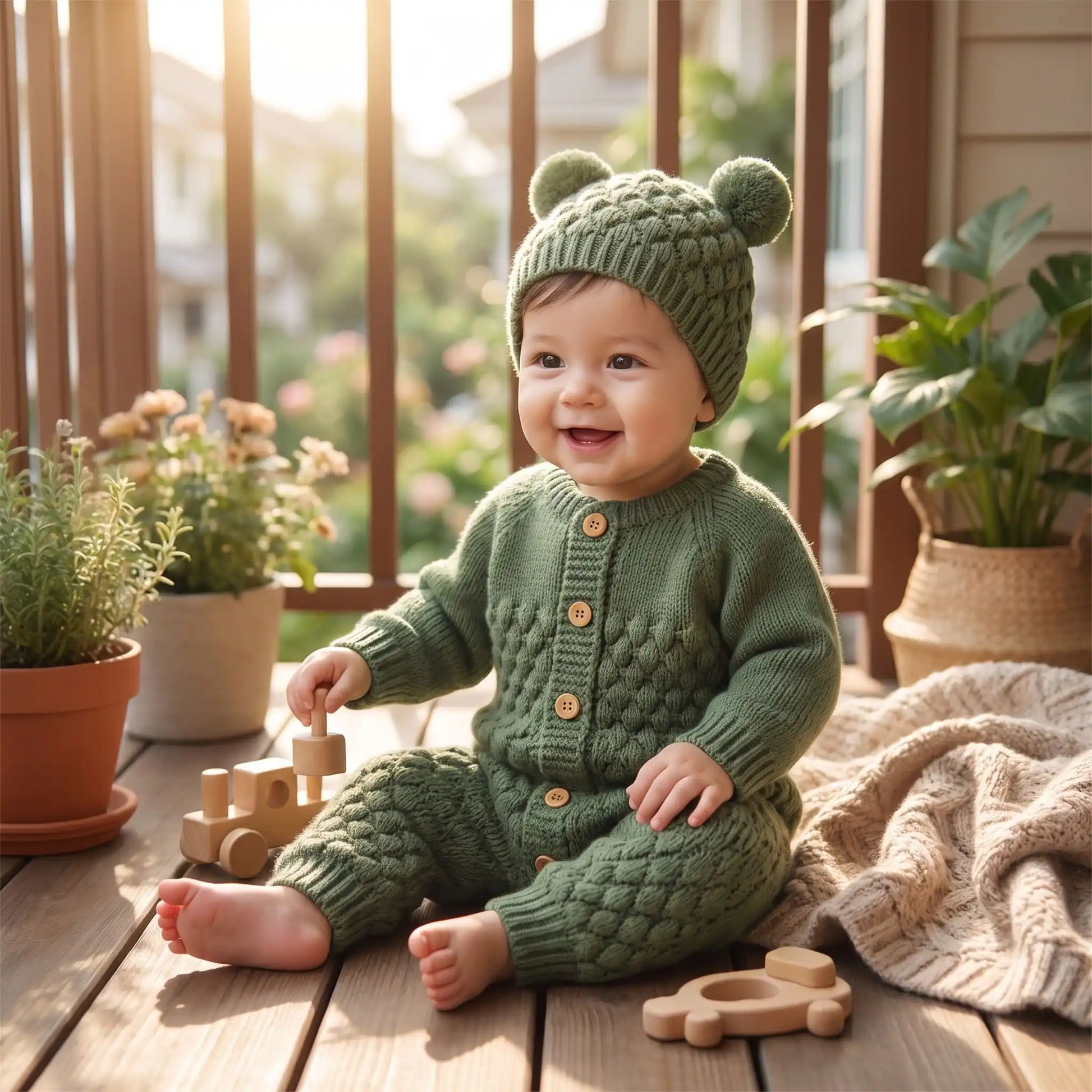 Enfant joue avec combinaison chaude bebe cocon cozy vert