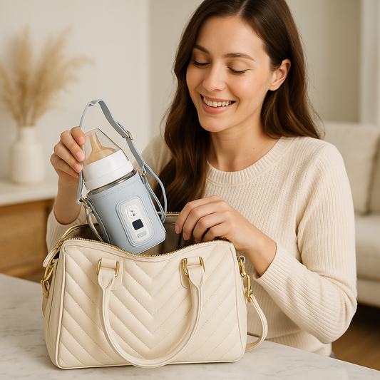 Femme-met-dans-sac-à-langer-chauffe-biberon-nomade-autonome-rechargeable