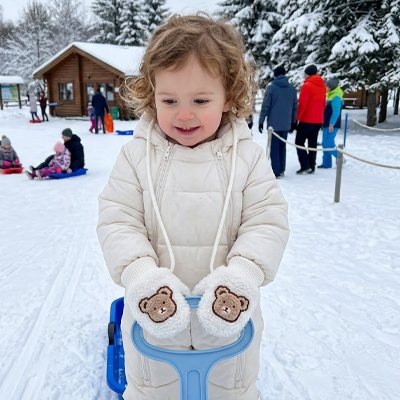Fillette avec moufle bébé hiver ourson réconfortant blanc