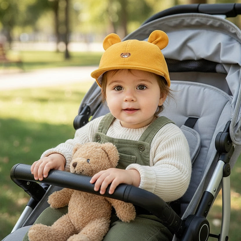 Fillette avec casquette pour bebe ourson adorable dans poussette