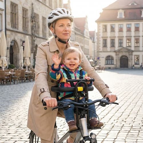 Maman avec enfant sur porte bebe velo sécurisé