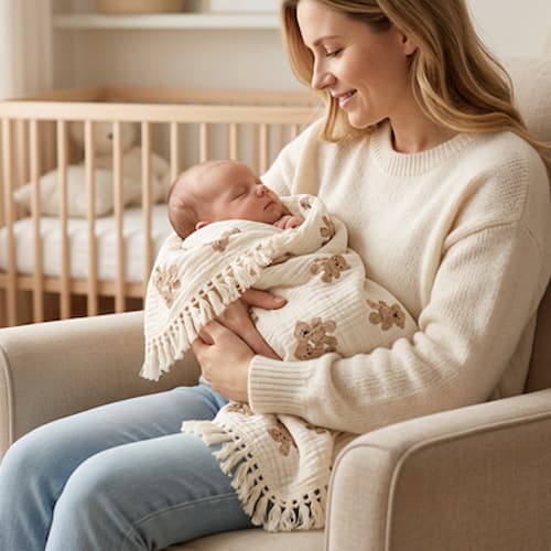 Maman berce poupon dans lange d emmaillotage ourson mignon