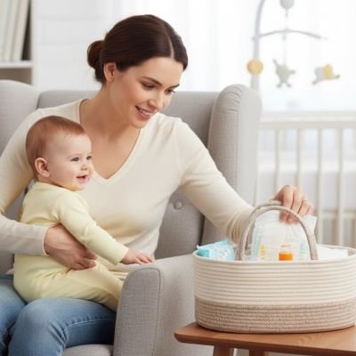 Mère avec bébé sur genoux et panier de rangement pour bebe sérénité