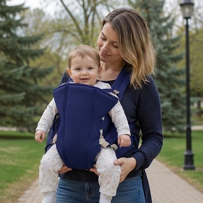 Mère avec poupon dans porte bébé physiologique bleu foncé
