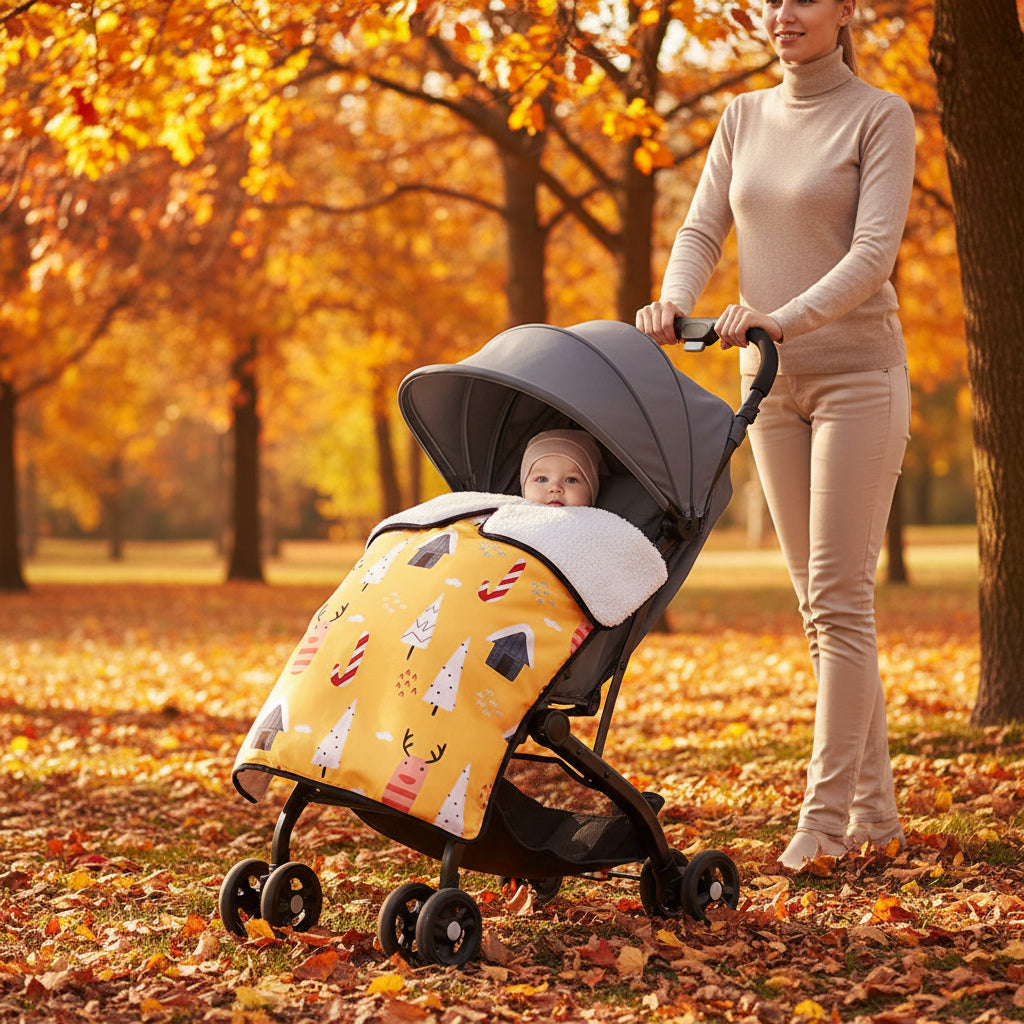 Mère dans forêt avec couverture pour poussette jaune soleil
