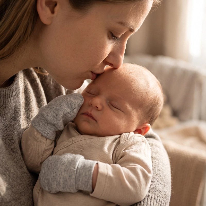 Mère embrasse poupon avec moufle bébé tranquillité